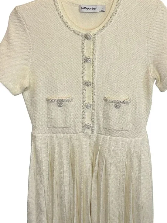 Self Portrait White Cream Knit Mini Dress - Size L - Picture 4 of 9